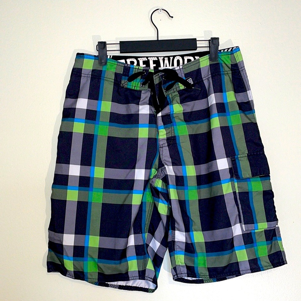 Free World | Green and Black Plaid Men's Swim Shorts